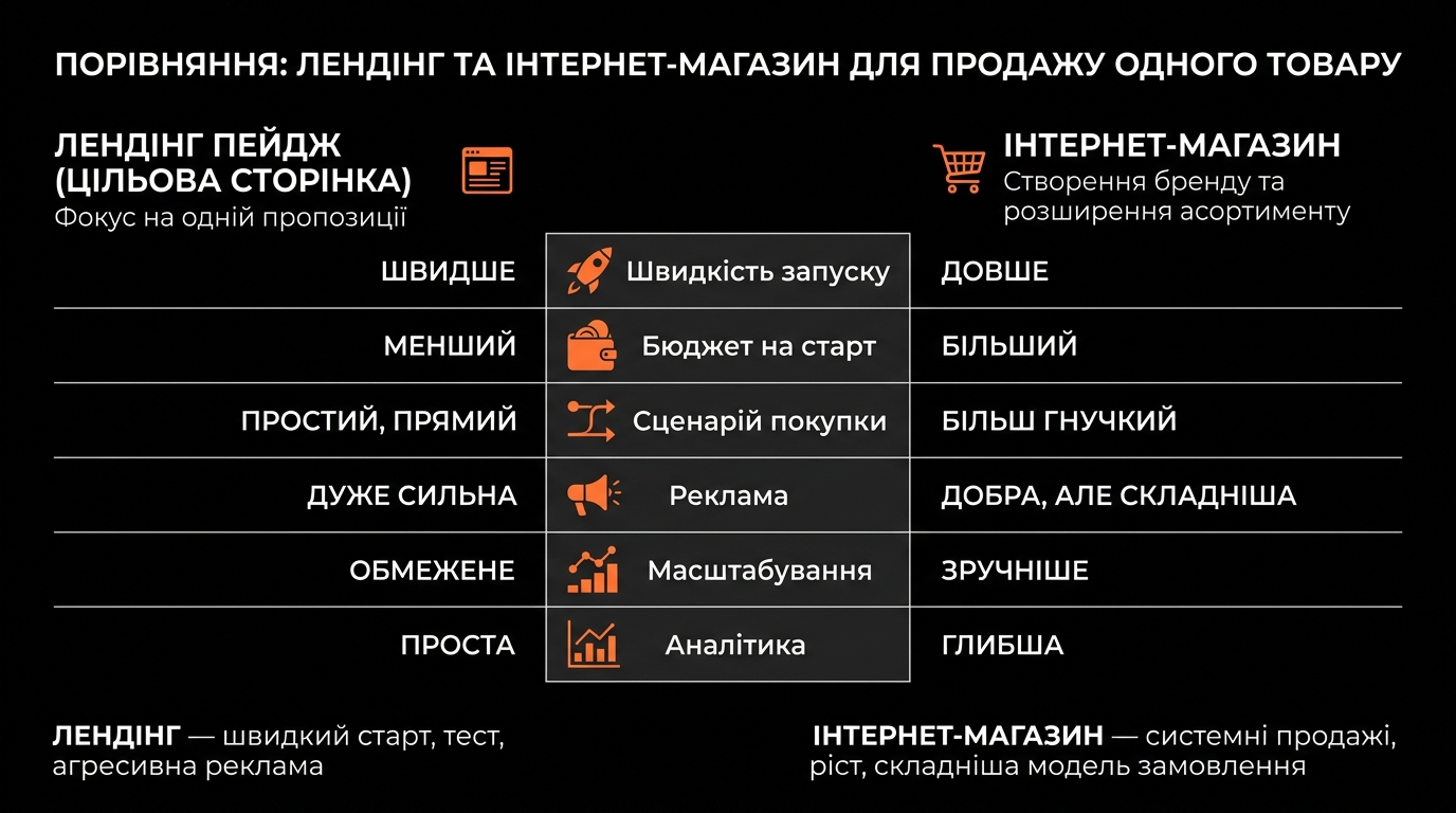 Порівняння лендінгу та інтернет-магазину за ключовими критеріями